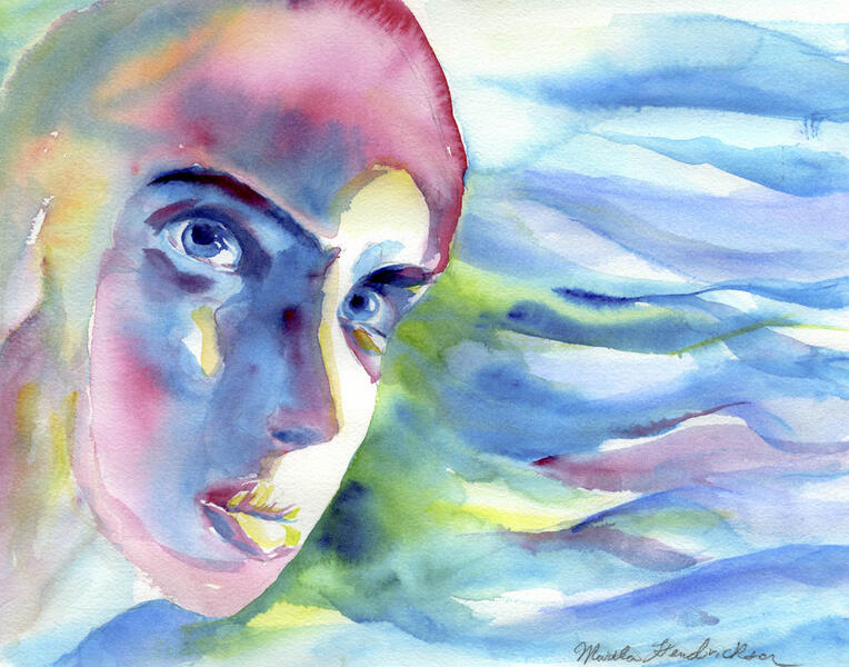 Watercolor painting of head  in blue shades