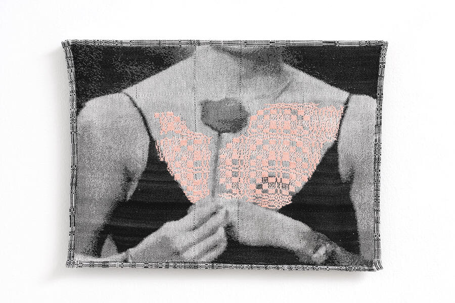 woven image of a woman holding a rose at a "rose ceremony" with a rosette pattern overlaid across her chest