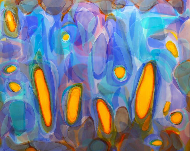 Blue painting with visible layers and orange punches of color