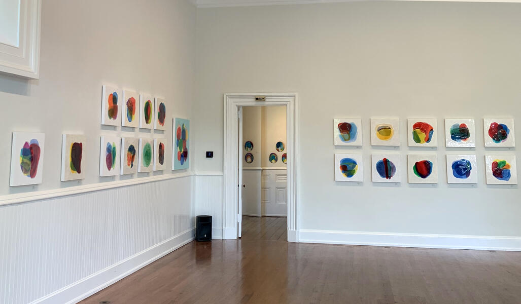 installation view of blends square paintings at The Atheneaum Gallery