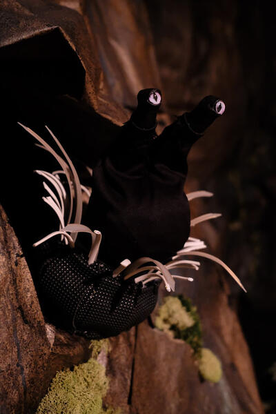 A puppet emerges from a cave-like wall. The puppet, representing an otherworldly species, is black with two eyes on stems and a white fringed, black urchin-like body.
