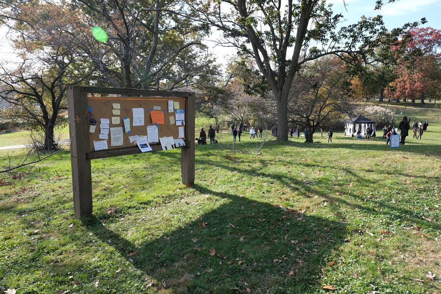 The community board filled with messages at the edge of the Temporal Rift for the performance of rECHOllection in Druid Hill Park, 2021