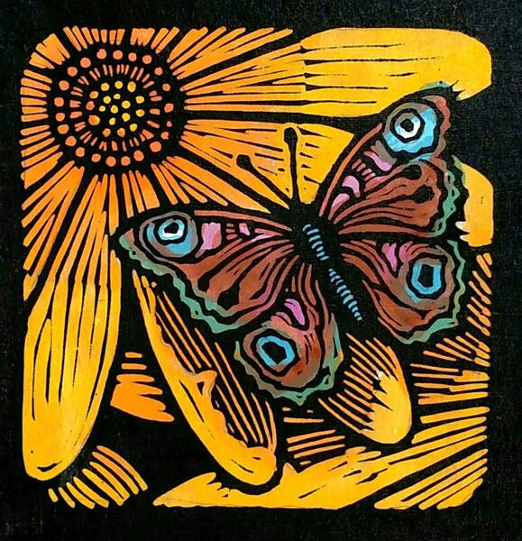 "Brown Moth on Gold Flower" - Linoleum block print and water color on Kozo paper - 6" x 6"