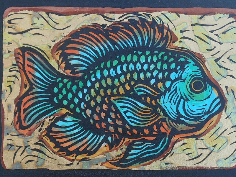 "Sunfish" - Linoleum block print and water color and gold leaf on Kozo paper - 6" x 9"