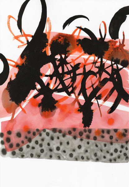 Abstract red and black ink on paper drawing by Magnolia Laurie.