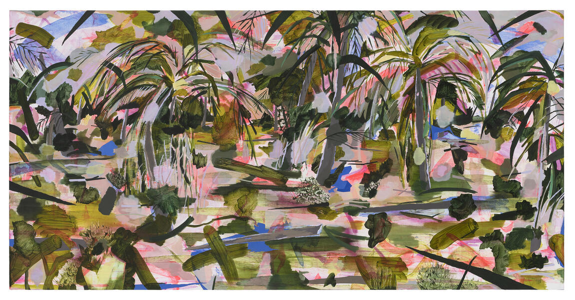 post storm tropical landscape, abstract chaos and debris, painterly marks and gestures in shades of green and pink, the suggestions of blue tarps 