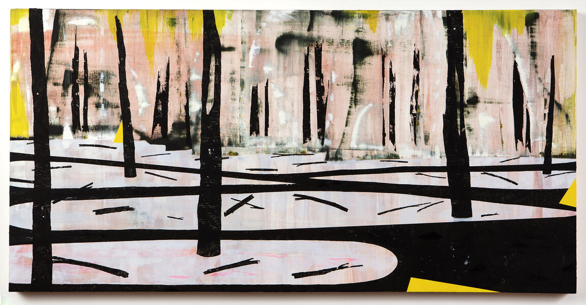 pink wet swampy landscape with the suggestion of trees and fallen branches