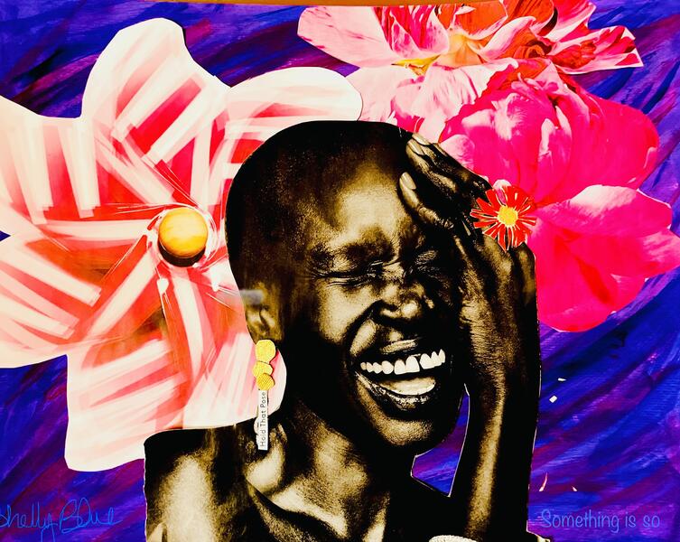 It is so, laughter, black women, smile, flowers, black and white image