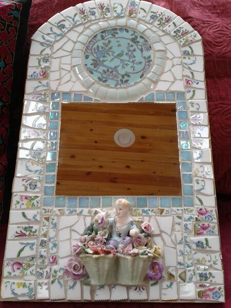 mosaic, pique assiette, mirror, china figure