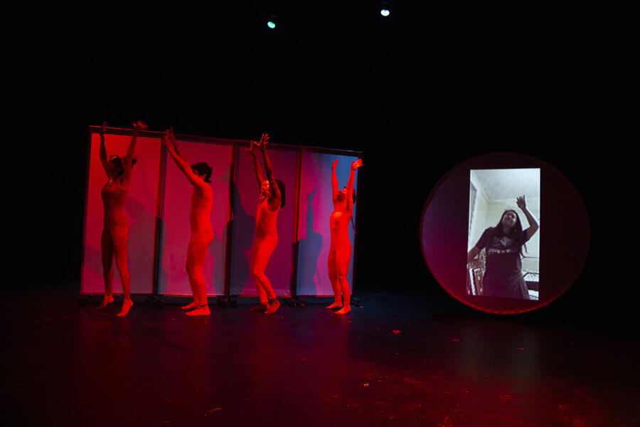 Four dancer dance along to a video compiled from videos of actors dancing alone in their rooms. Choreography by Theresa Columbus