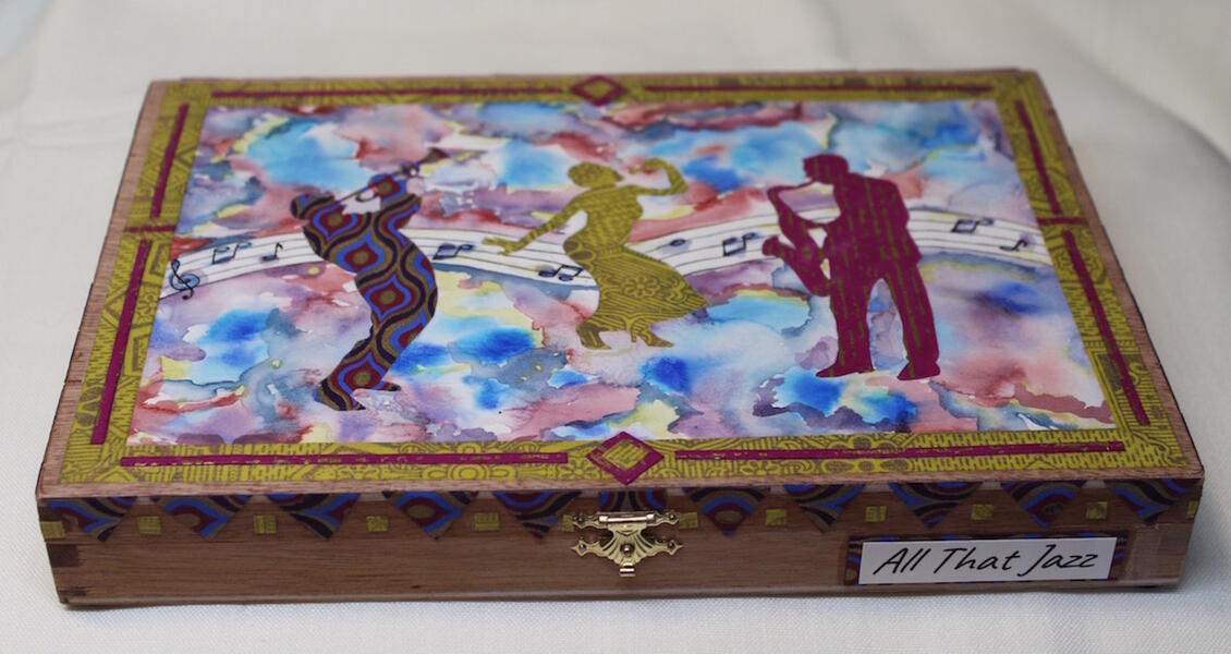 jazz, music, multimedia, cigar box, wooden box, patterns, colorful, purple, blue red, gold
