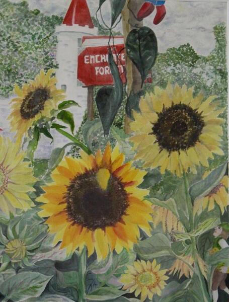 watercolor, Sunflowers, Jack and the beanstalk, nursery rhyme, plein air