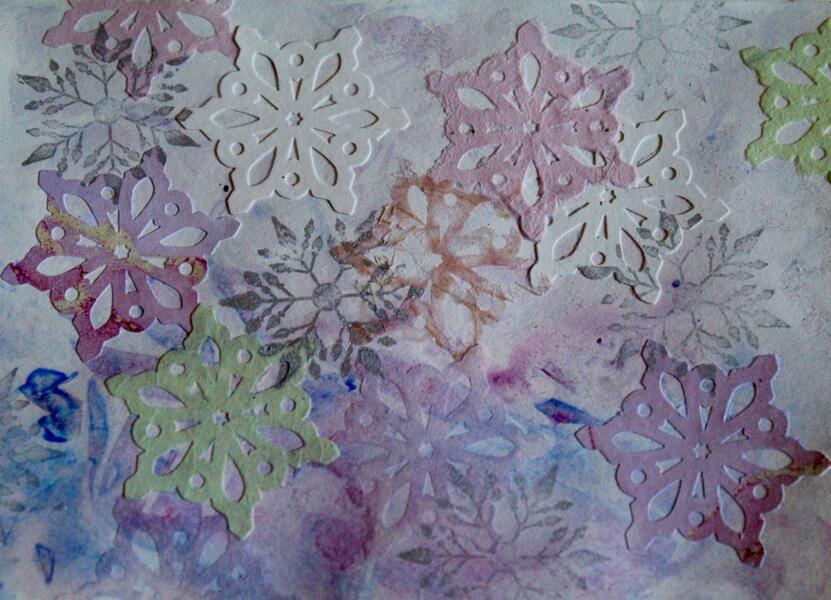 Snow, blue, purple, collage, mixed media,  watercolor