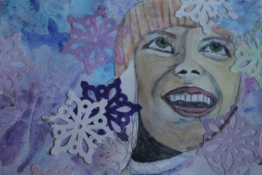 Snow, face, collage, mixed media, window, watercolor