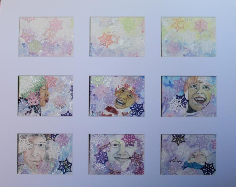 Snow, faces, collage, mixed media, window, joy, watercolor