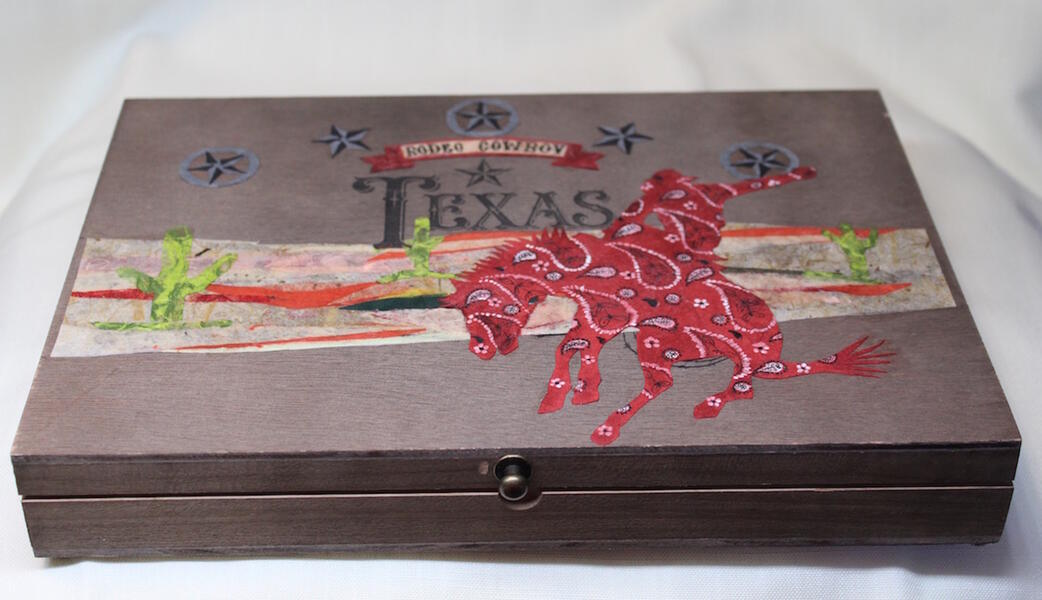 cowboy, rodeo, cigar box, western, collage, cactus, recycled, mixed media