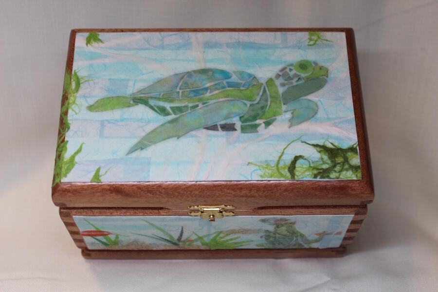 turtle, ocean, fish, recycled, up cycled, blue, green, aquatic, mixed media