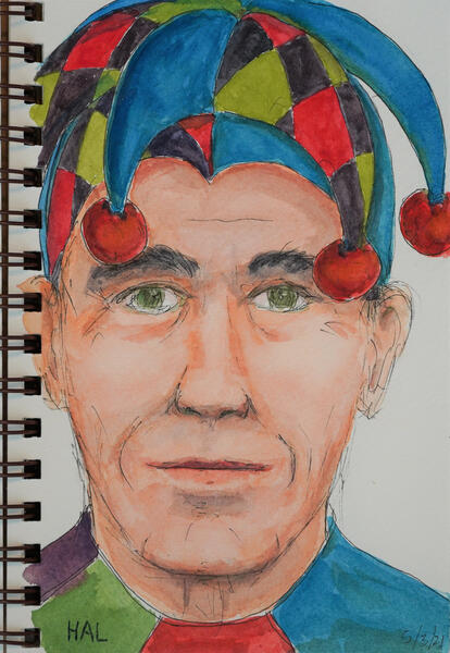 Self-portrait, as a Court Jester - Watercolor on paper - 2021 - 6x8