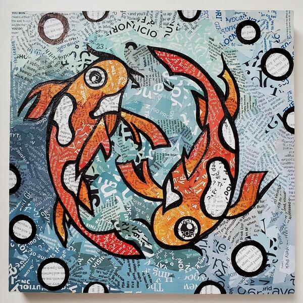 Image of two orange koi fish on a light blue background 