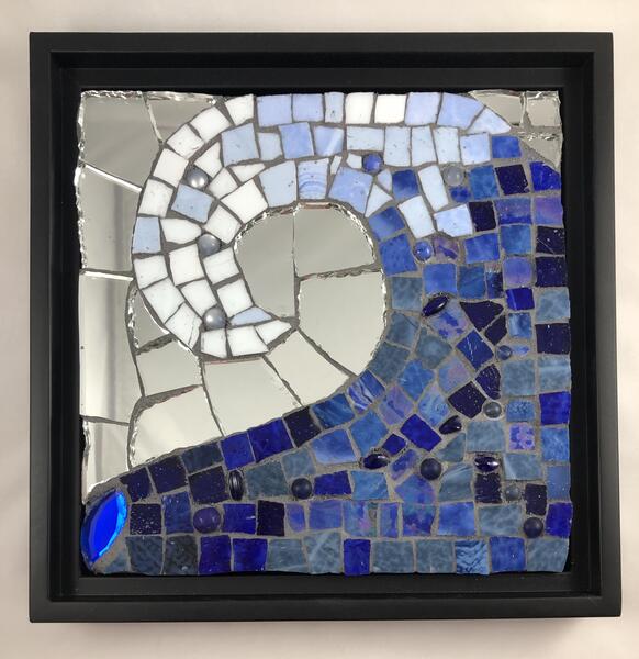 Mosaic of a wave created with smalti, mirror and found object