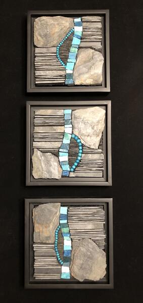 Contemporary mosaic created from slate pieces and rods, Italian and Mexican smalti and wooden beads