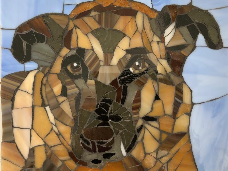 Stained glass on glass mosaic pet portrait depicting a German shepard mix dog