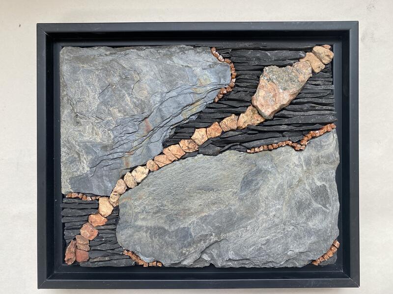 Mosaic made from slate, shale, red dog, granite and vitreous glass