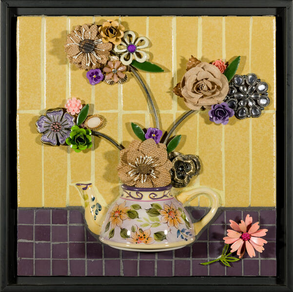 Mosaic; bouquet in a teapot created with glass and ceramic tile and found objects