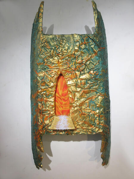 sculpture, mixed media, sled, metal