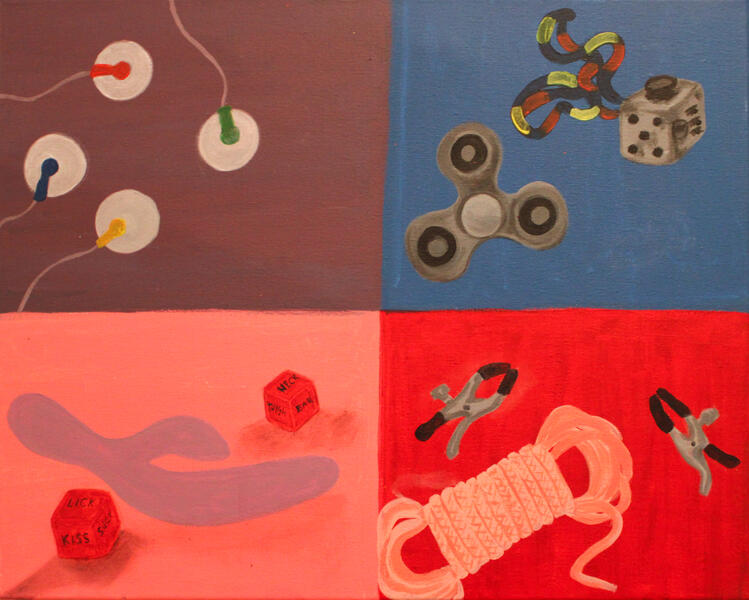 Acrylic painting of four panels, each with an object that relates to disability or BDSM painted on top.