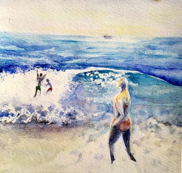 At the beach, 6 X 6, Watercolor (2022)