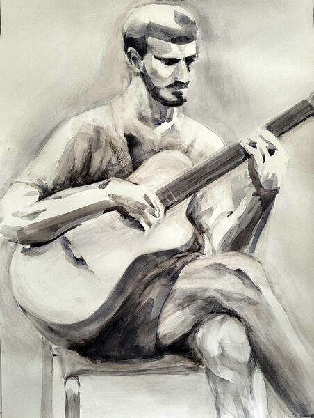 A guitarist, Watercolor,  Yuriko Mori 