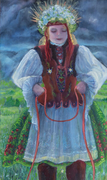 Woman in traditional eastern European dress in landscape