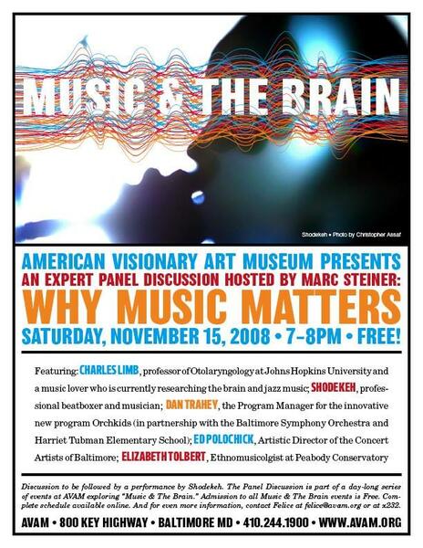 Neuro Rhythms: Shodekeh, Science Panelist & Musician of Music & The Brain @ the American Visionary Museum. 