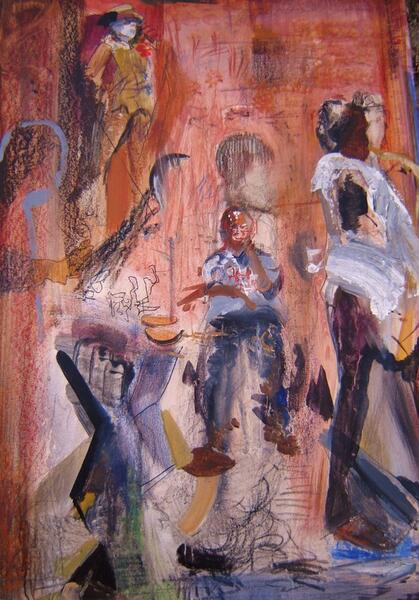 Jazz Stracts: A painting created live in the moment by artist David Cunningham, of a performance at Center Stage featuring Shodekeh & Jazz musicians Kevin Robinson & Vatel Cherry, 2008. 