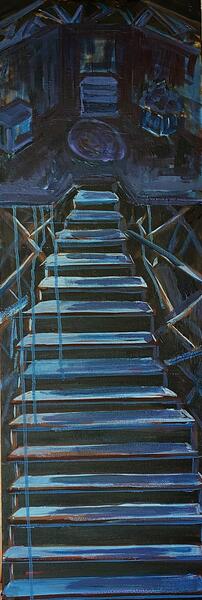 40x12" acrylic on canvas, "Dark Room," is a recurring nightmare I have had since childhood