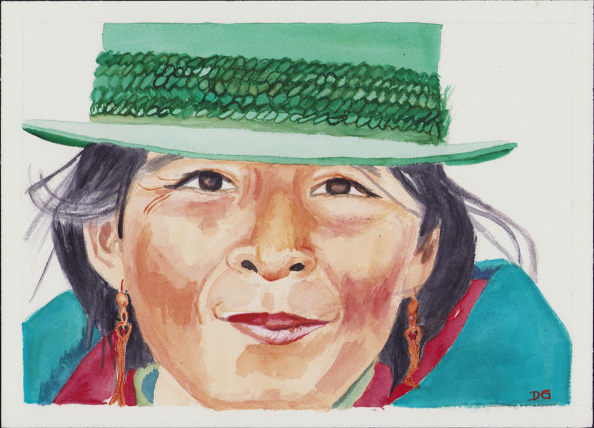 Portrait of a Indigenous woman with a green hat, by Daniela Godoy