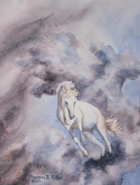 Watercolor of a blue, purple and gray sky with a white horse. 
