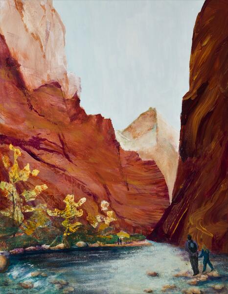 The Narrows is an iconic location in Zion National Park that is a tight space between high canyon walls and accessed by walking in the river. This view from the end of the trail was painted in acrylic and collage on 24 inch by 18 inch wood panel. 