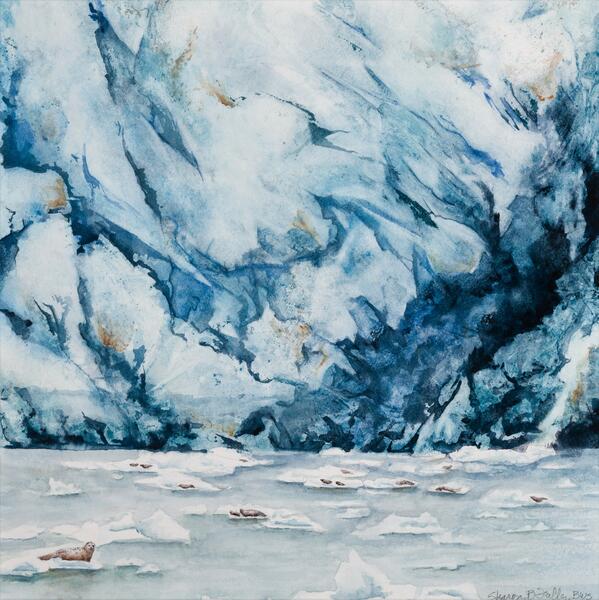 Harbor seals and the blue of Sawyer Glacier at the end of Tracy Arm Fjord near Juneau, Alaska. Watercolor on paper.