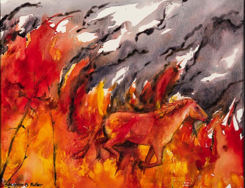 Fiery blaze with horse. Watercolor on paper in orange, red and black. 