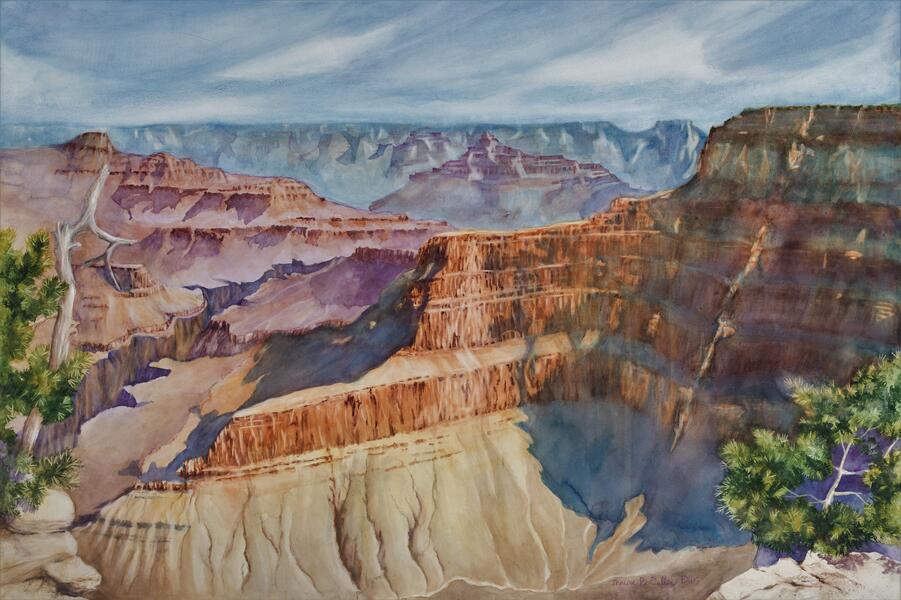 A range of colors and a sense of the distance of the Grand Canyon. Watercolor on panel 24 inches high by 36 inches wide. 