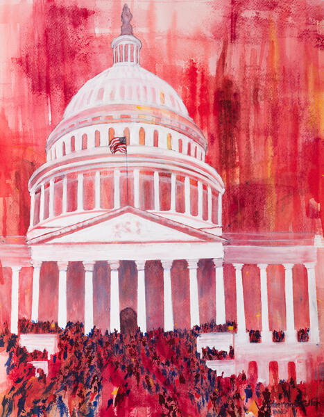 View of US Capitol building in white on January 6, 2021 with mostly reds and also darks. Watercolor on paper 18 by 14 inches. 