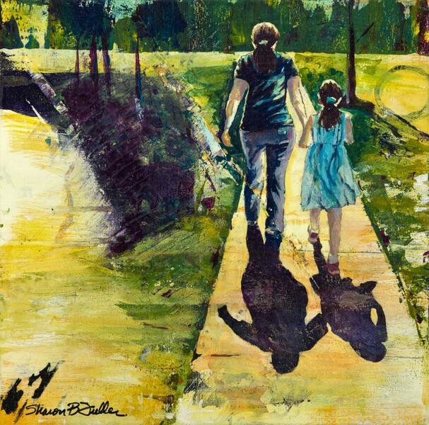 Mother and daughter walk on a sidewalk with an abstracted landscape background.