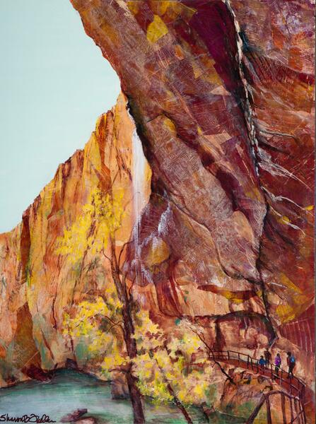 Water from above falls down to the lower Emerald Pool at Zion national Park. A slippery trail takes you below the waterfall and around the pool.  Acrylic and collage on wood panel.