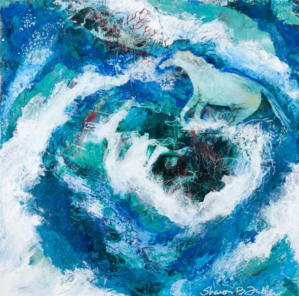 Blues and greens depicting a whirlpool with a horse. Acrylic and collage on 12 inch by 12 inch wood panel. 