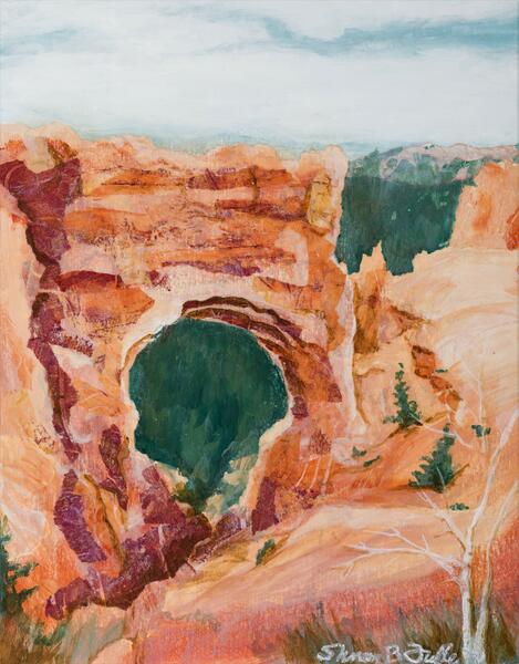Natural Bridge is one of the most unique rock formations at Bryce Canyon National Park. Acrylic and collage on 14 inch by 11 inch wood panel.  