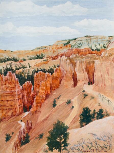 These trails take you into the pink and rust rock formations of Bryce Canyon. Acrylic on 24 inch by 18 inch wood panel.