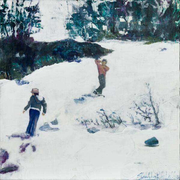A snowball fight between two teens in the snow with abstracted background of greens and blues. 