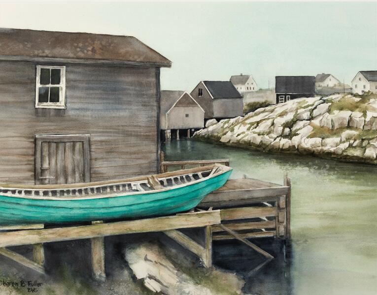 Turquoise boat pulled up for repair in an inlet in Peggy's Cove in Nova Scotia. Water and buildings beyond. 